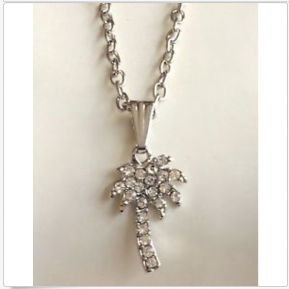 Silver Coconut Palm Tree Necklace Crystal 20"